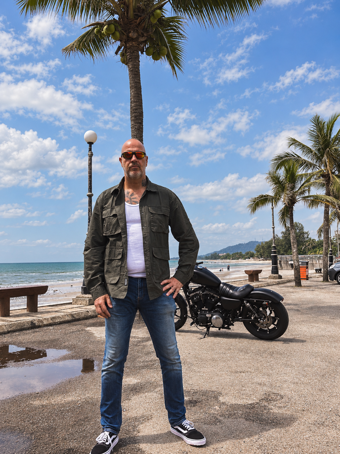 Kai Hooge with a motorcycle by the coast in Malaysia